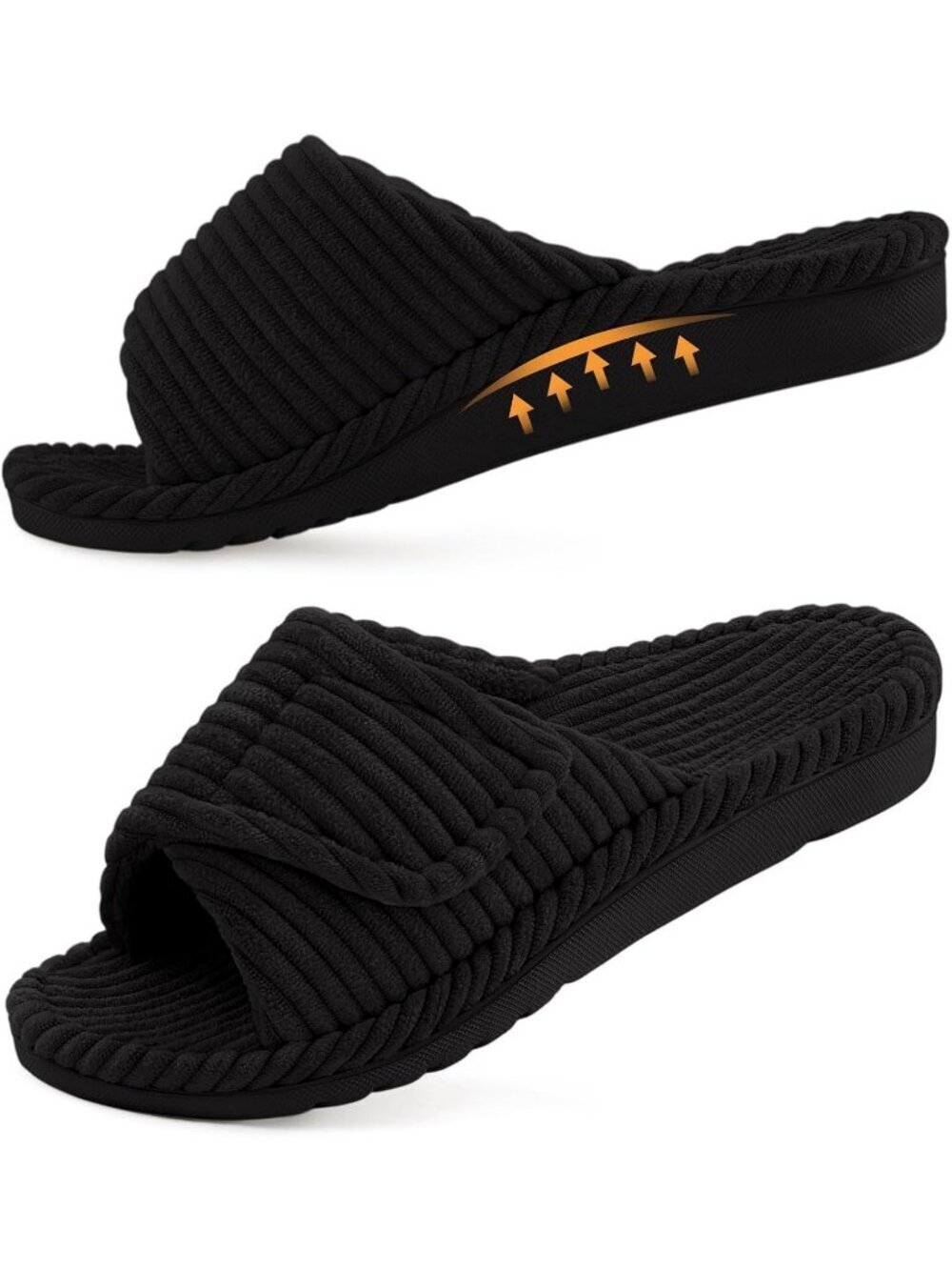 Women's Black Orthopedic Support Indoor House Corduroy Open Toe Slipper Shoes